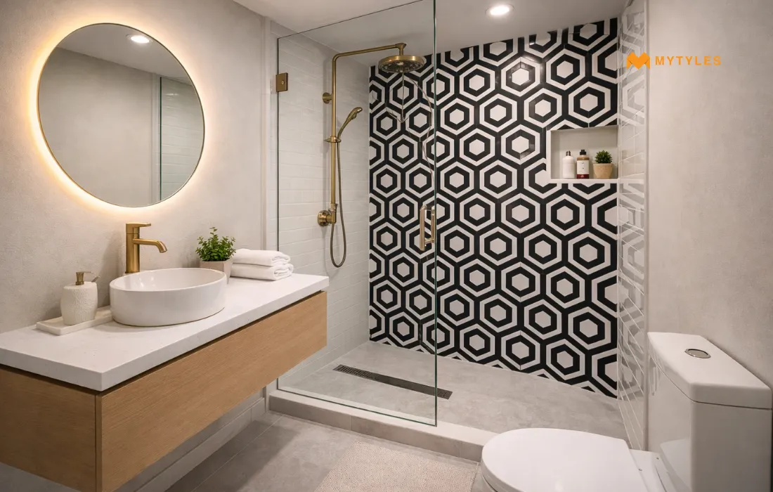 Black and White Geometric Tile in Bathroom